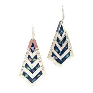 Vintage Mexican Geometric Silver Abalone Articulated Kite Shaped Drop Earrings